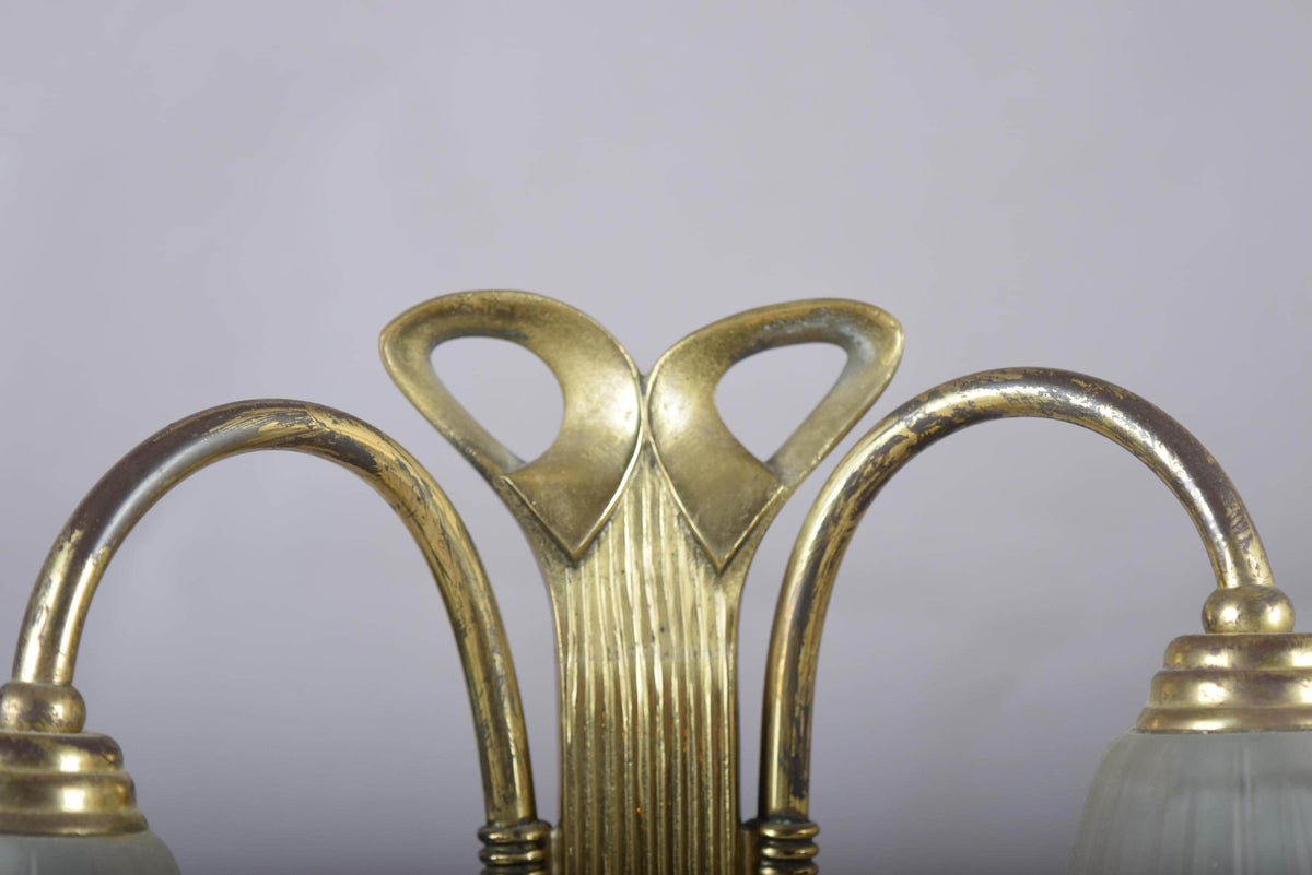 Vintage Brass Double-Arm Table Lamp, Frosted Tulip Shades — Art Nouveau Style, 1950s