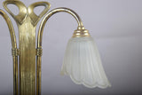 Vintage Brass Double-Arm Table Lamp, Frosted Tulip Shades — Art Nouveau Style, 1950s