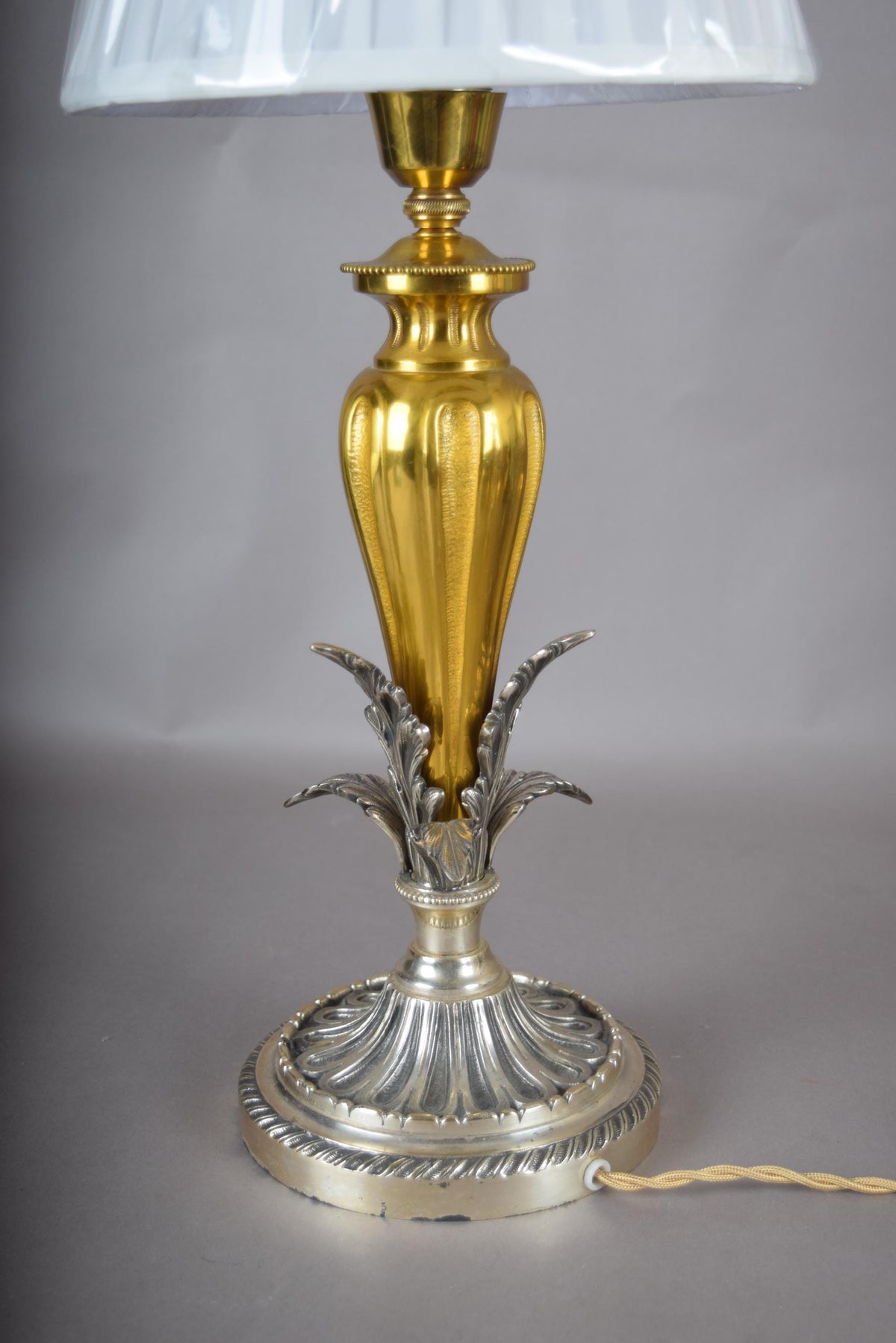 Vintage Ornate Brass Table Lamp, Dual-Tone Gold & Silver Fluted Design, Sculpted Leaf Motif, Circa 1960s, Rewired