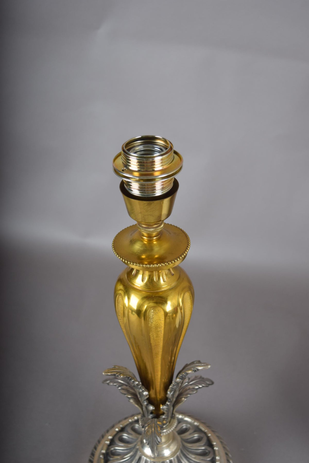 Vintage Ornate Brass Table Lamp, Dual-Tone Gold & Silver Fluted Design, Sculpted Leaf Motif, Circa 1960s, Rewired