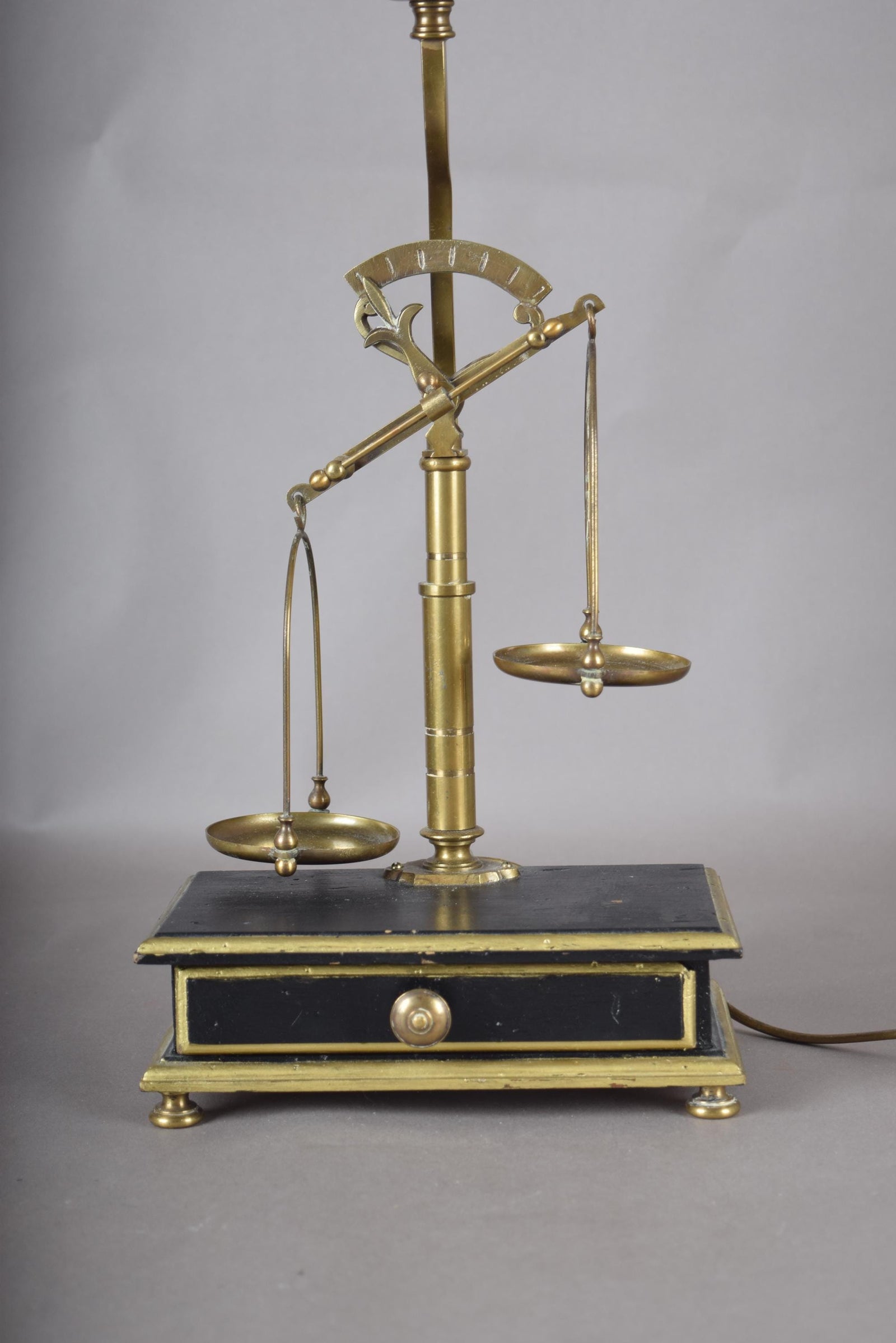 Vintage Brass Scale Lamp, Libra Balance Motif, Drawer Base, Pleated Shade, 1950s