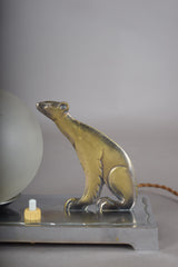 Vintage Art Deco Table Lamp, Brass-Toned Animal Figure, Frosted Glass Globe, 1940s