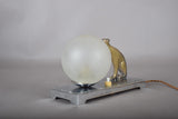 Vintage Art Deco Table Lamp, Brass-Toned Animal Figure, Frosted Glass Globe, 1940s