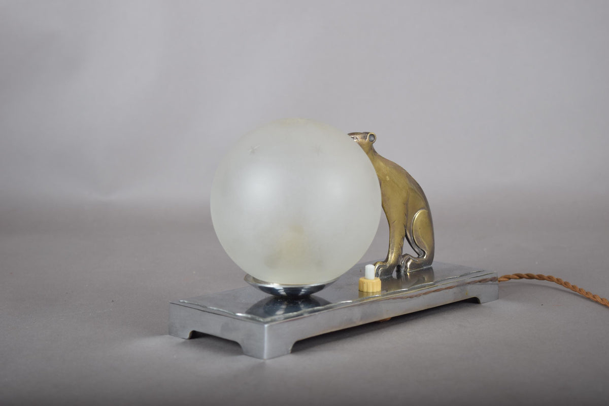 Vintage Art Deco Table Lamp, Brass-Toned Animal Figure, Frosted Glass Globe, 1940s