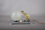 Vintage Art Deco Table Lamp, Brass-Toned Animal Figure, Frosted Glass Globe, 1940s