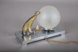 Vintage Art Deco Table Lamp, Brass-Toned Animal Figure, Frosted Glass Globe, 1940s