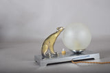 Vintage Art Deco Table Lamp, Brass-Toned Animal Figure, Frosted Glass Globe, 1940s