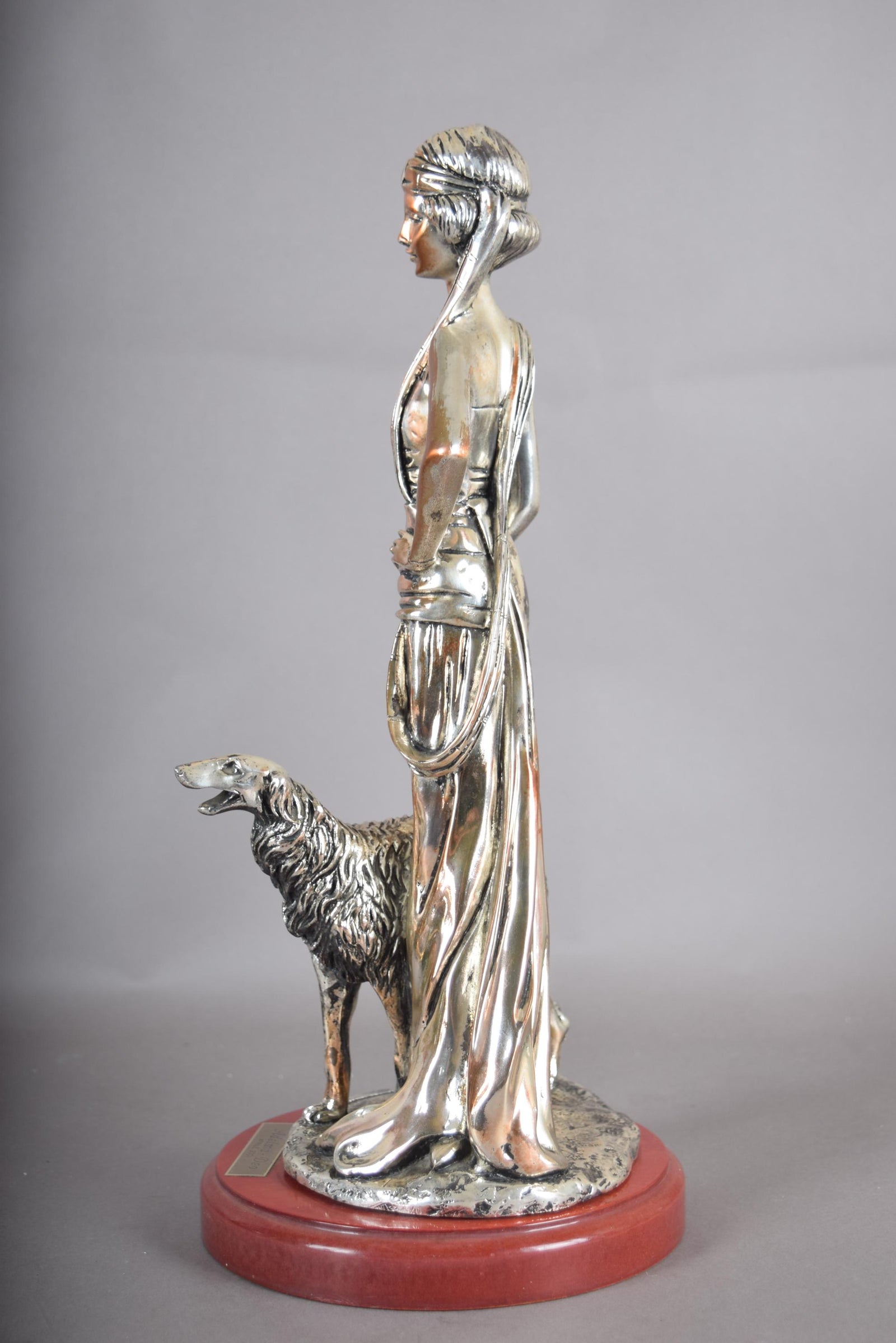 Silver-Plated Art Deco Style Sculpture, Lady with Borzoi Dog, Dated 2001