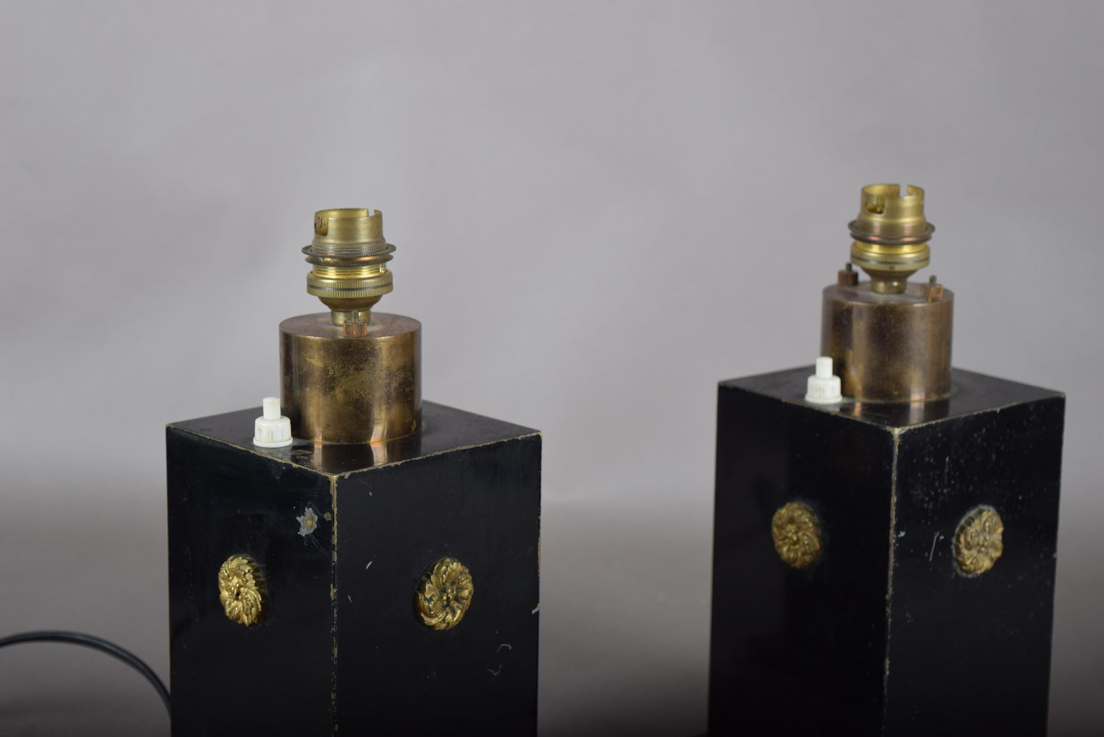 Vintage Black and Brass Table Lamps, Art Deco Style Geometric Base, Pair