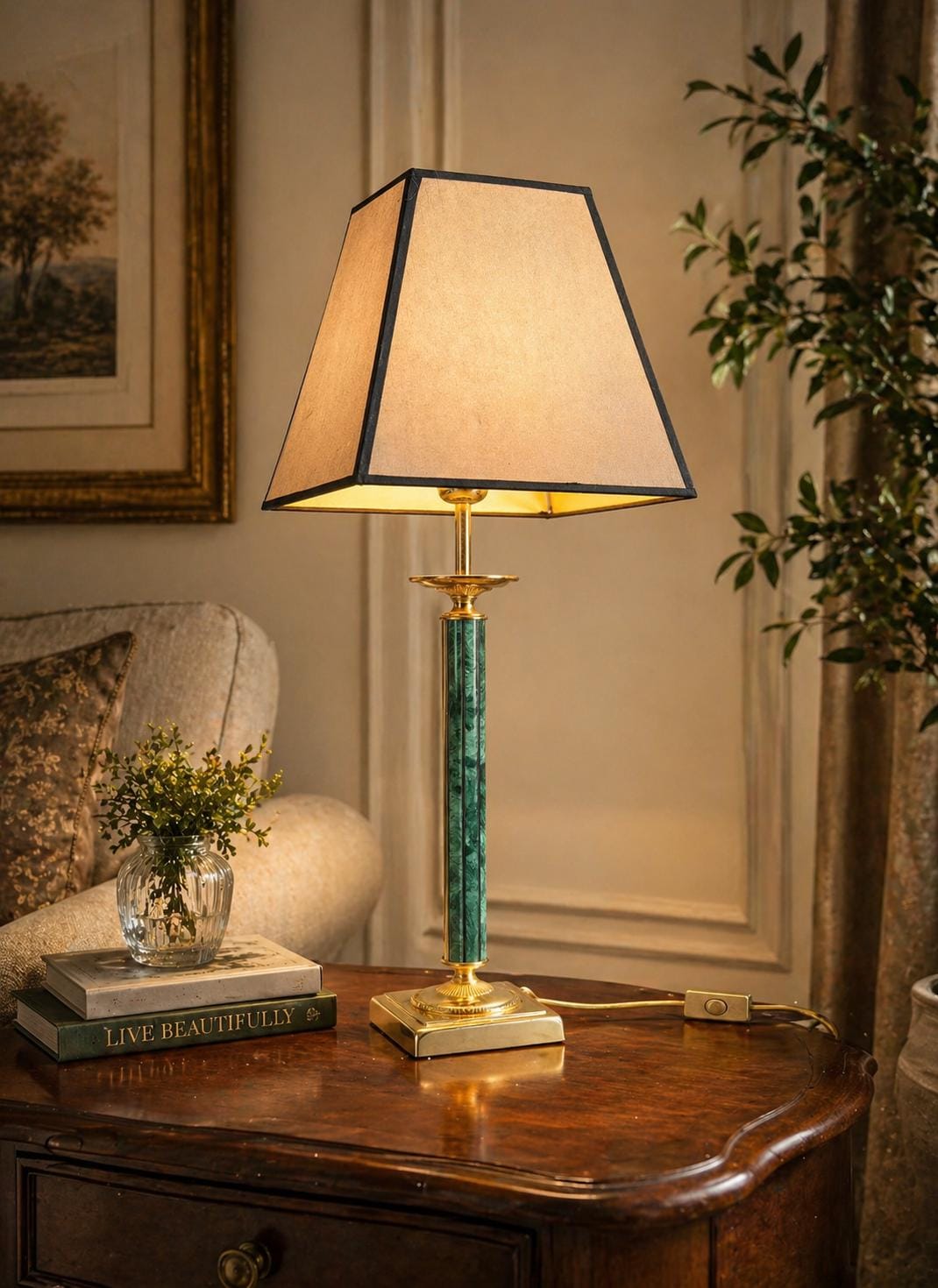 Vintage 1980s Table Lamp, Malachite-Style Green Column, Gold-Toned Metal, Hollywood Regency Style