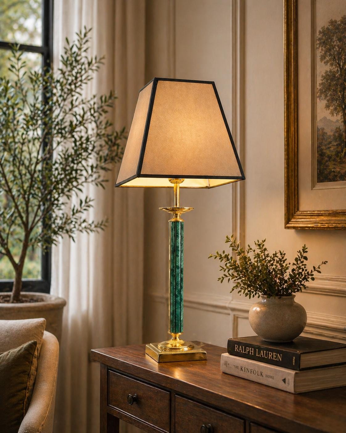 Vintage 1980s Table Lamp, Malachite-Style Green Column, Gold-Toned Metal, Hollywood Regency Style