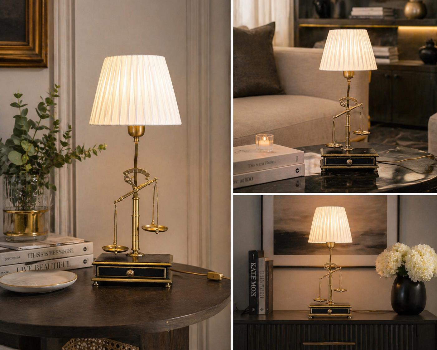 Vintage Brass Scale Lamp, Libra Balance Motif, Drawer Base, Pleated Shade, 1950s