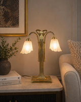 Vintage Brass Double-Arm Table Lamp, Frosted Tulip Shades — Art Nouveau Style, 1950s