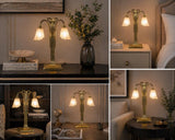Vintage Brass Double-Arm Table Lamp, Frosted Tulip Shades — Art Nouveau Style, 1950s