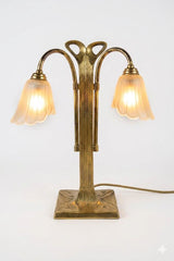 Vintage Brass Double-Arm Table Lamp, Frosted Tulip Shades — Art Nouveau Style, 1950s