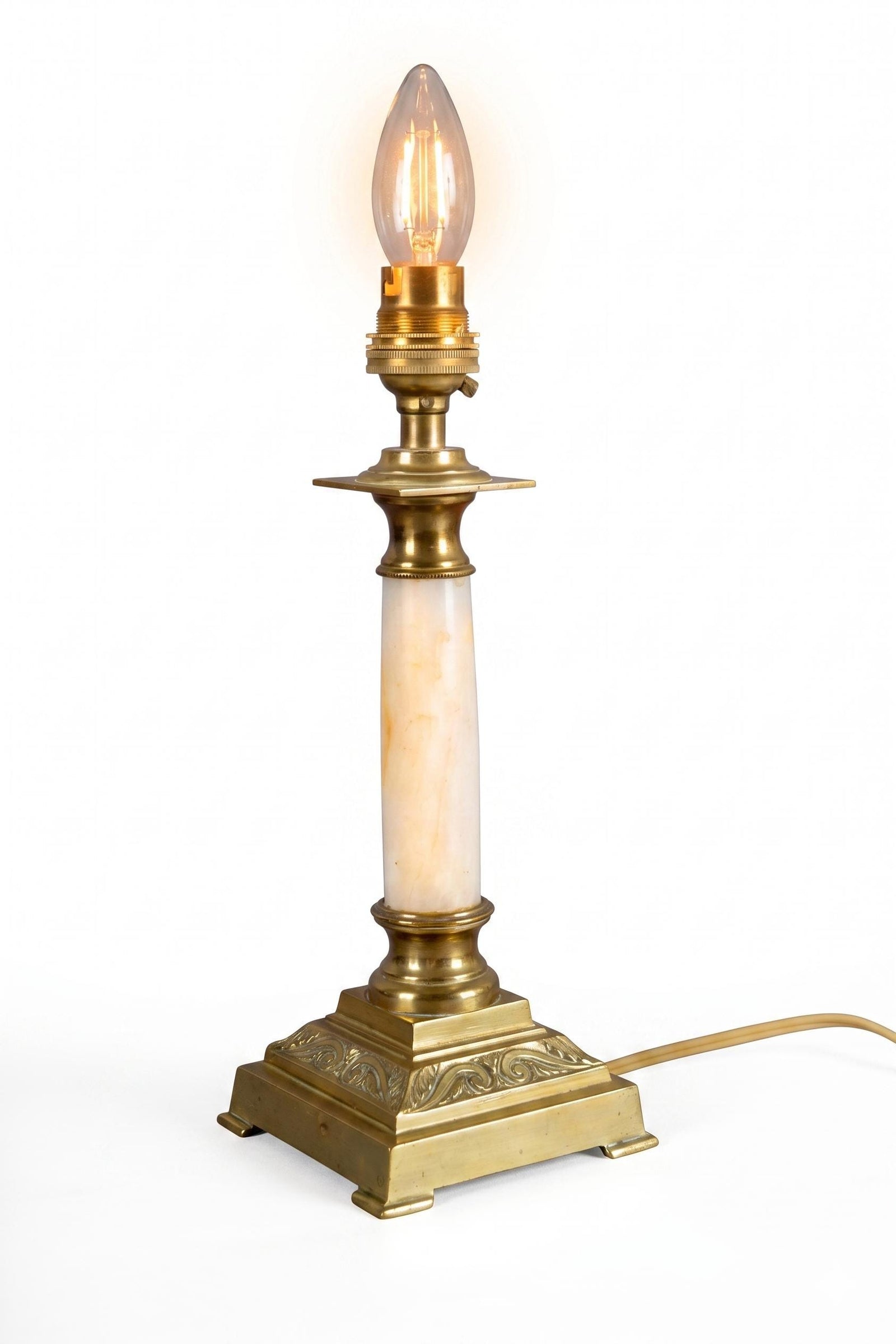 Vintage Brass and White Onyx Column Table Lamp, Square Brass Base