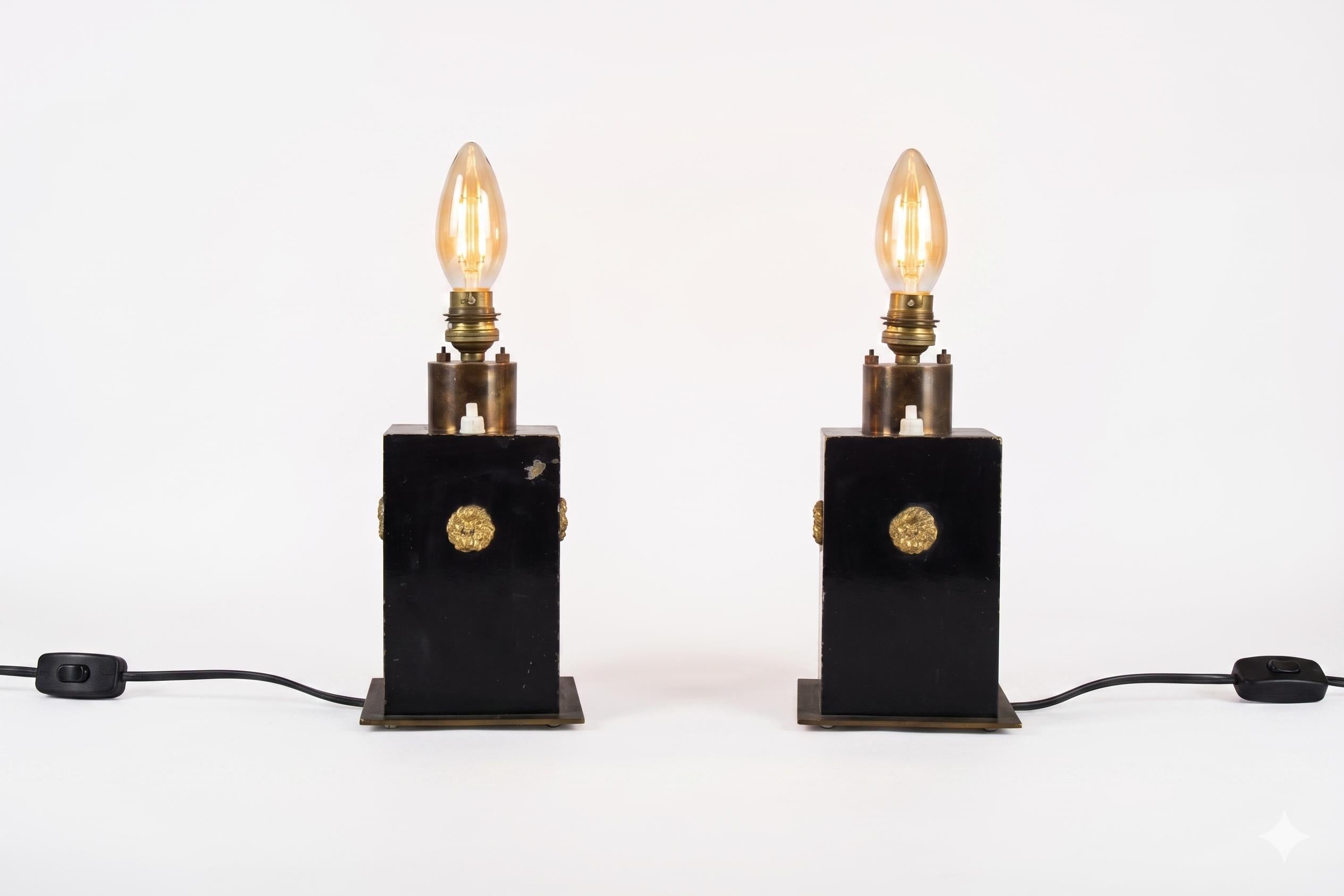 Vintage Black and Brass Table Lamps, Art Deco Style Geometric Base, Pair