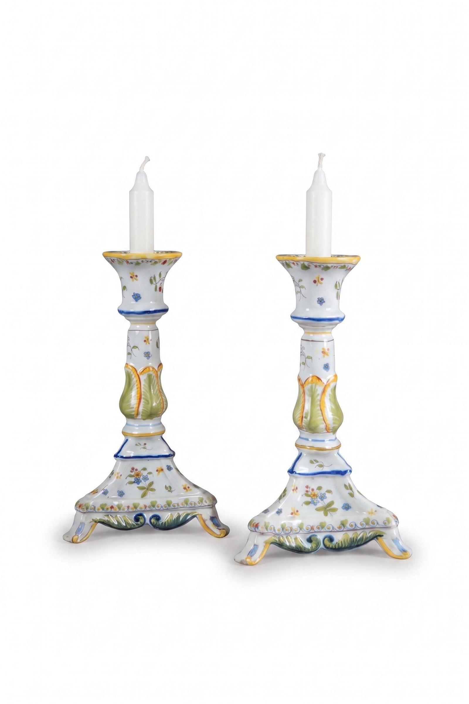 Vintage Hand-Painted Ceramic Candlesticks, Heraldic Floral Pair, Antique Table Décor
