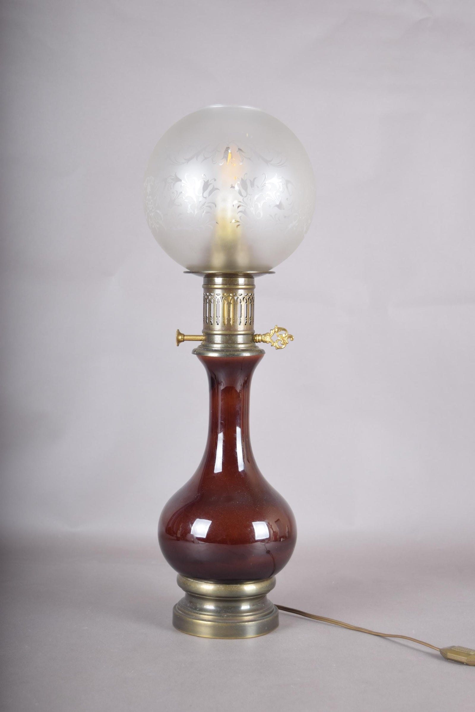 Vintage Glass and Brass Table Lamp, Etched Frosted Glass Globe Shade, 1950s