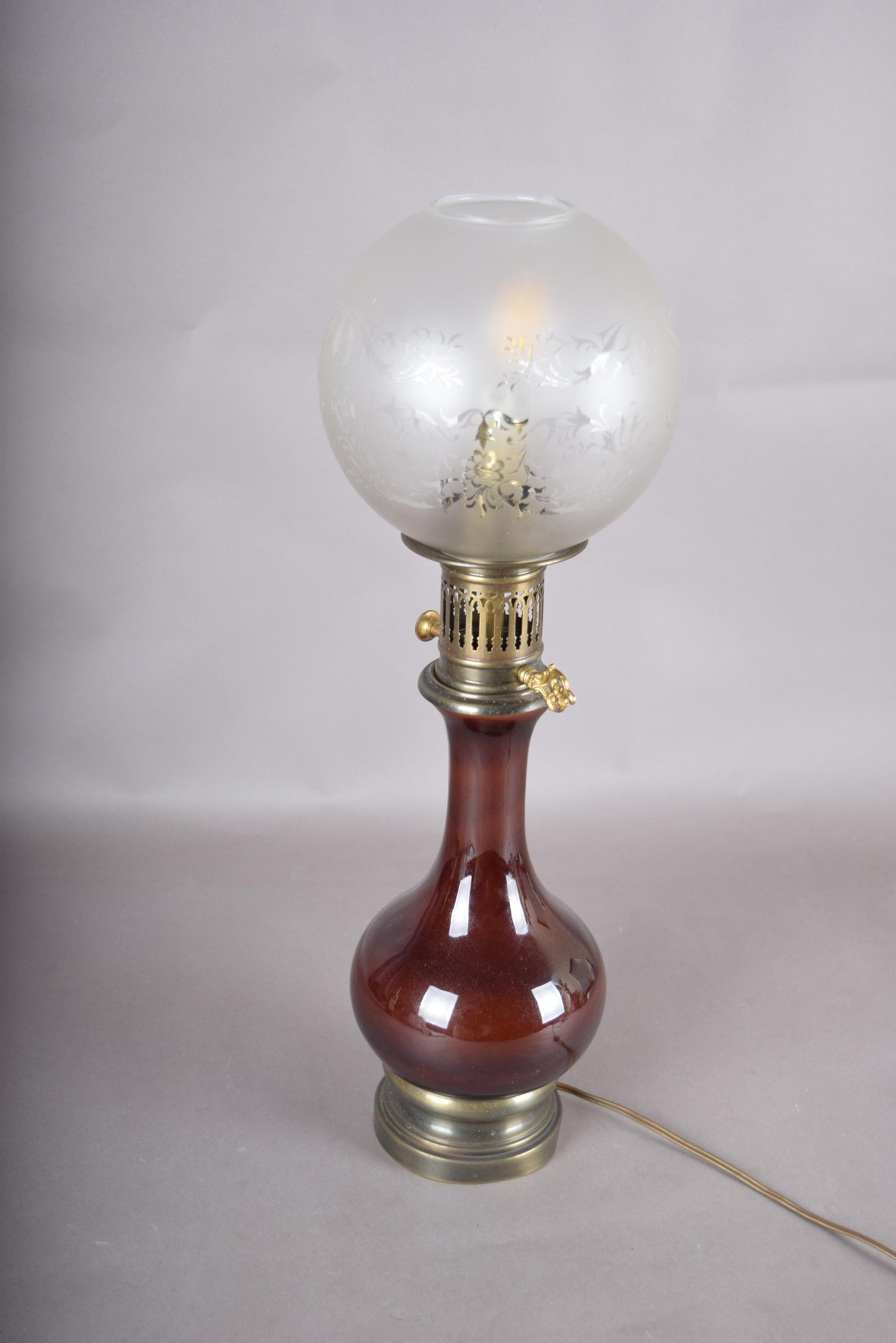 Vintage Glass and Brass Table Lamp, Etched Frosted Glass Globe Shade, 1950s
