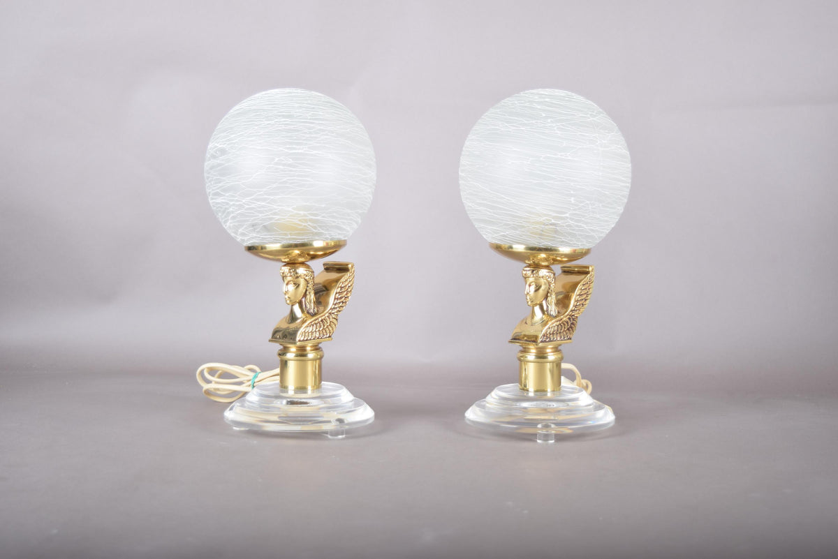 Vintage Brass-Toned Angel Table Lamps, Frosted Glass Globe Shade, Hollywood Regency, 1980s, Pair