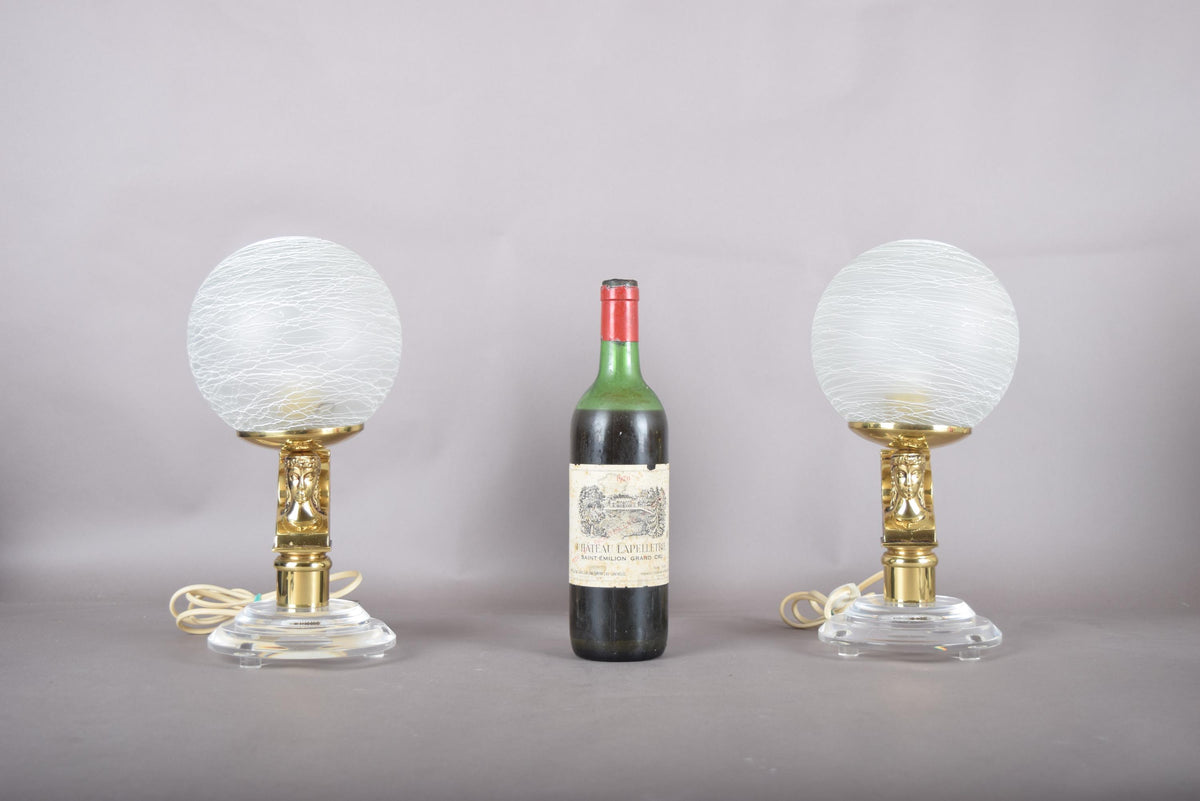 Vintage Brass-Toned Angel Table Lamps, Frosted Glass Globe Shade, Hollywood Regency, 1980s, Pair