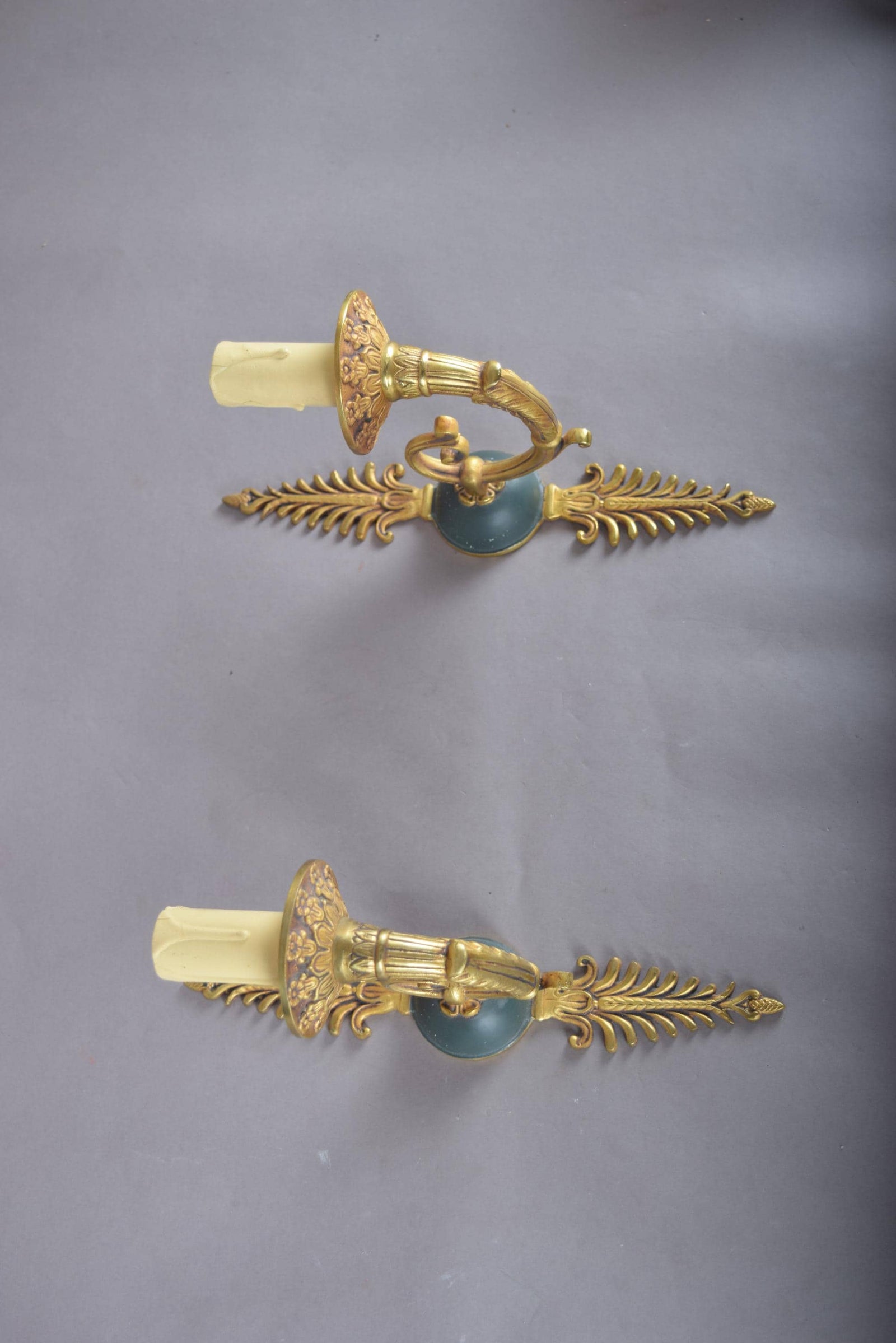 Pair of Vintage Gilded Brass Sconces, French Scroll Arm | Feathered Wall Lights, 1950s | Candle-Style Fixtures