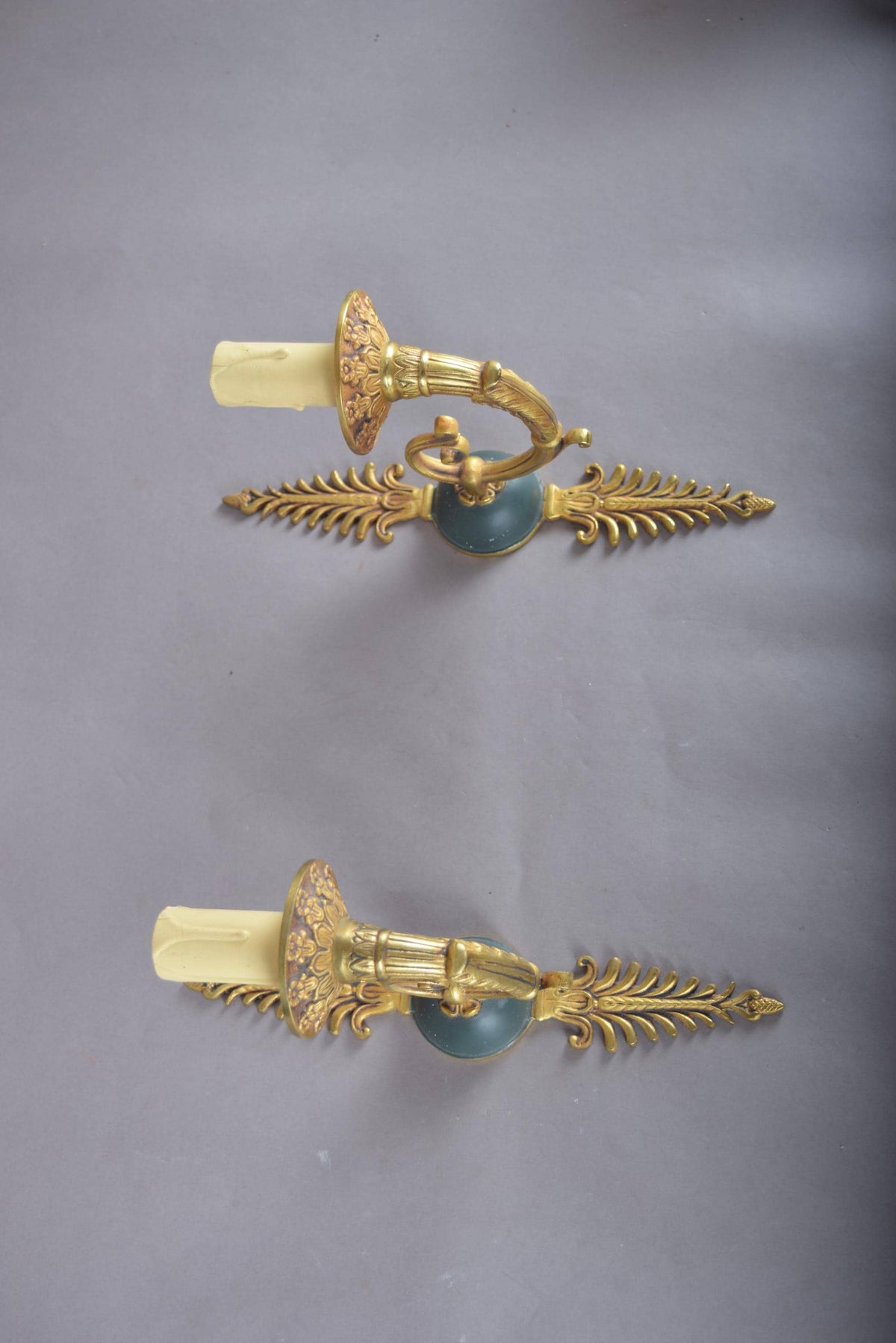 Pair of Vintage Gilded Brass Sconces, French Scroll Arm, Feathered Wall Lights, 1950s, Candle-Style Fixtures