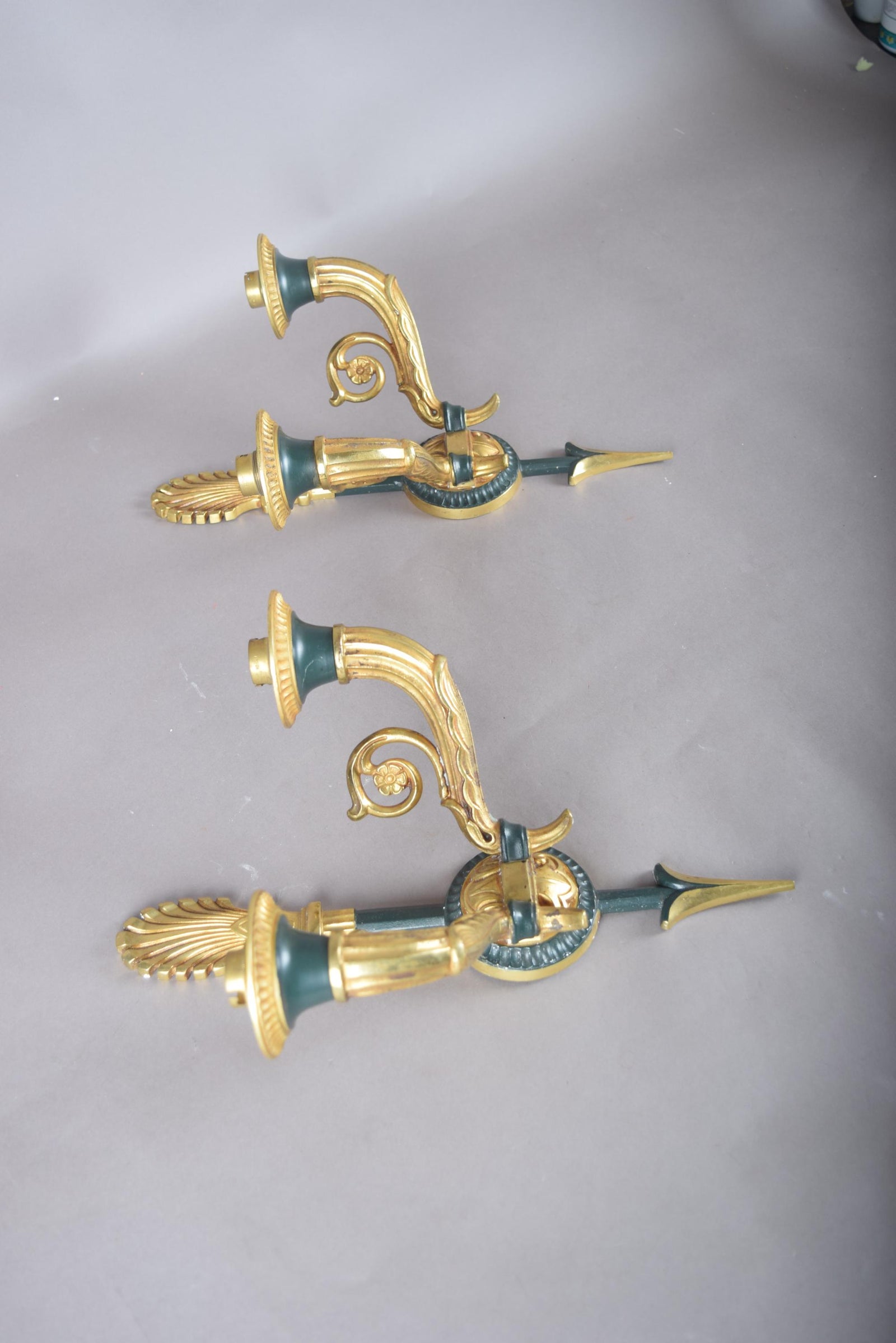 Vintage Gilt Bronze Wall Sconce Pair, Double Arm with Frosted Glass Shades — French Style, 1950s