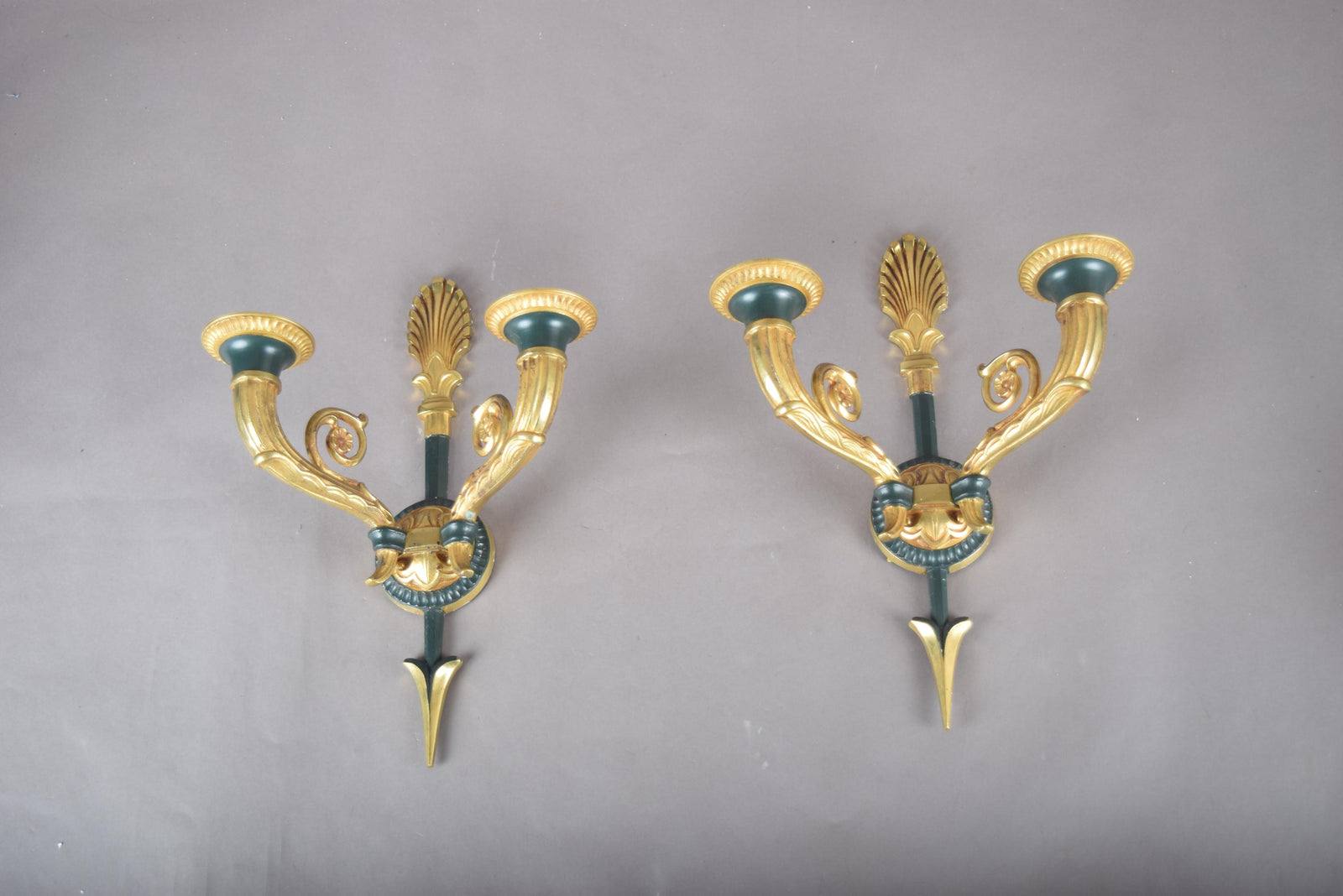 Vintage Gilt Bronze Wall Sconce Pair, Double Arm with Frosted Glass Shades — French Style, 1950s