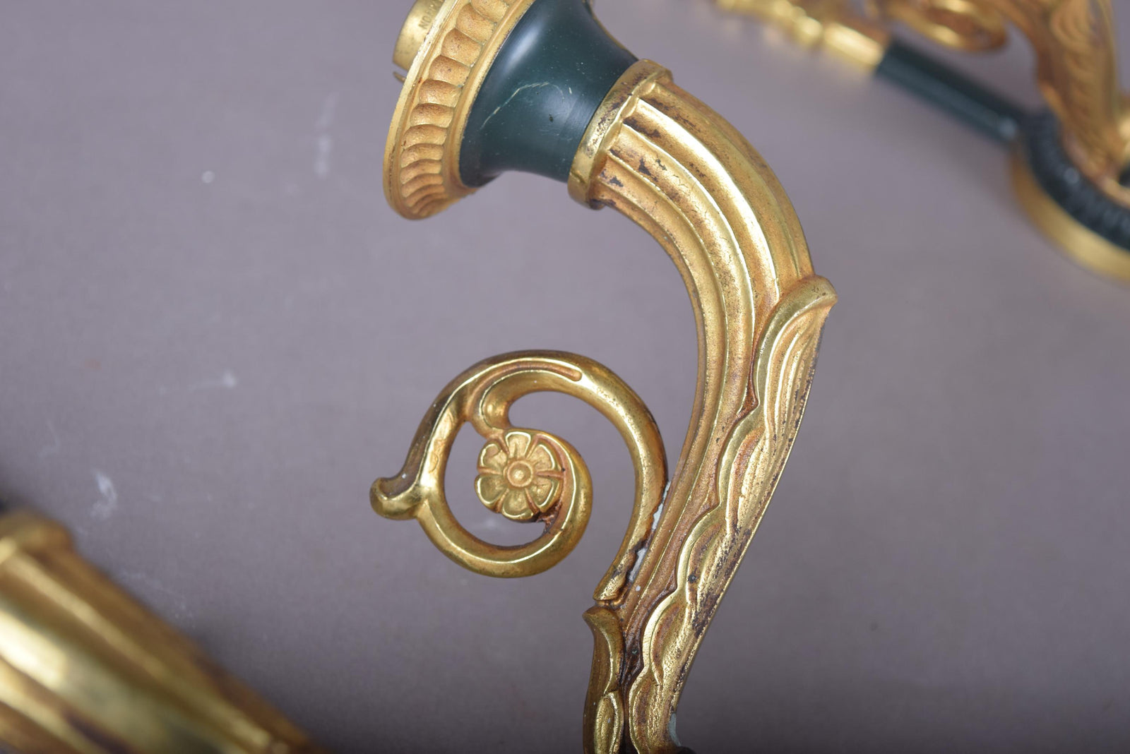 Vintage Gilt Bronze Wall Sconce Pair, Double Arm with Frosted Glass Shades — French Style, 1950s