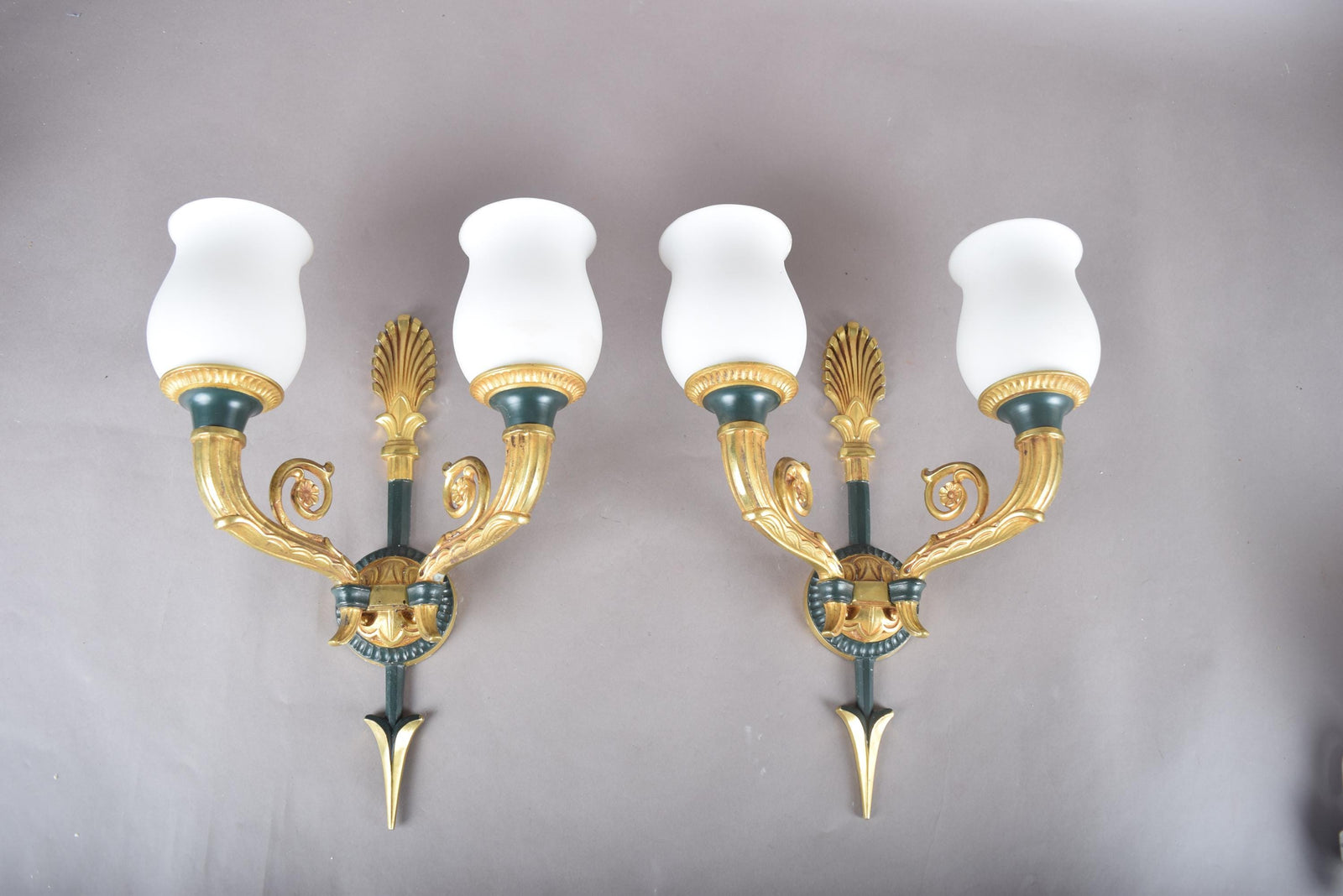 Vintage Gilt Bronze Wall Sconce Pair, Double Arm with Frosted Glass Shades — French Style, 1950s
