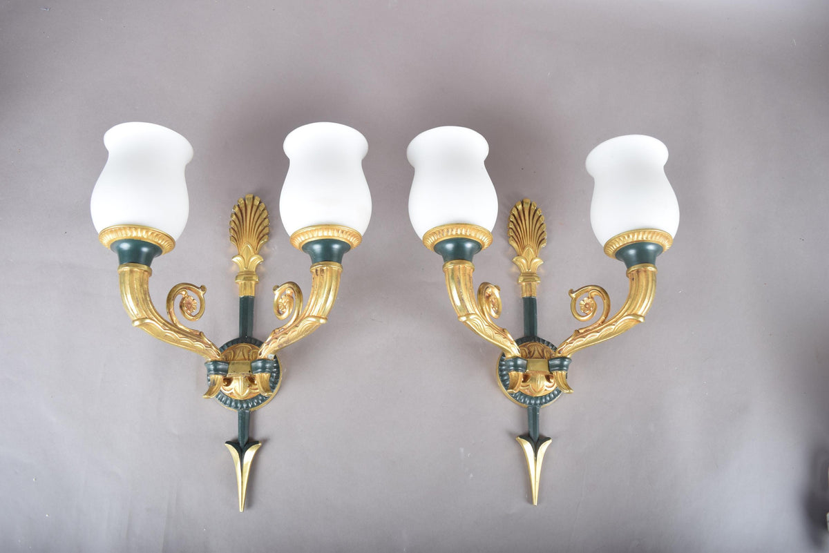 Vintage Gilt Bronze Wall Sconce Pair, Double Arm with Frosted Glass Shades — French Style, 1950s