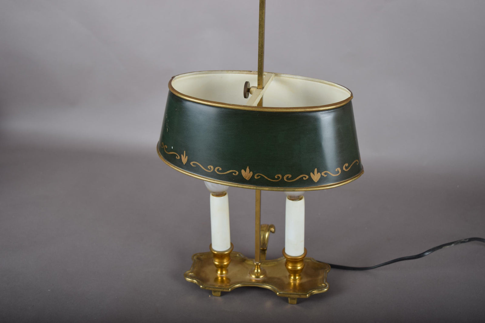 Vintage Brass Bouillotte Lamp, Green Tole Shade with Gold Trim, Dual Light, French Style