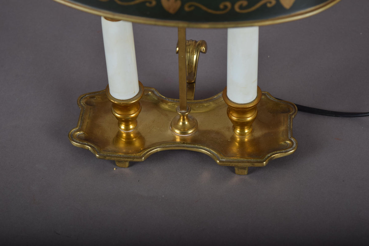 Vintage Brass Bouillotte Lamp, Green Tole Shade with Gold Trim, Dual Light, French Style