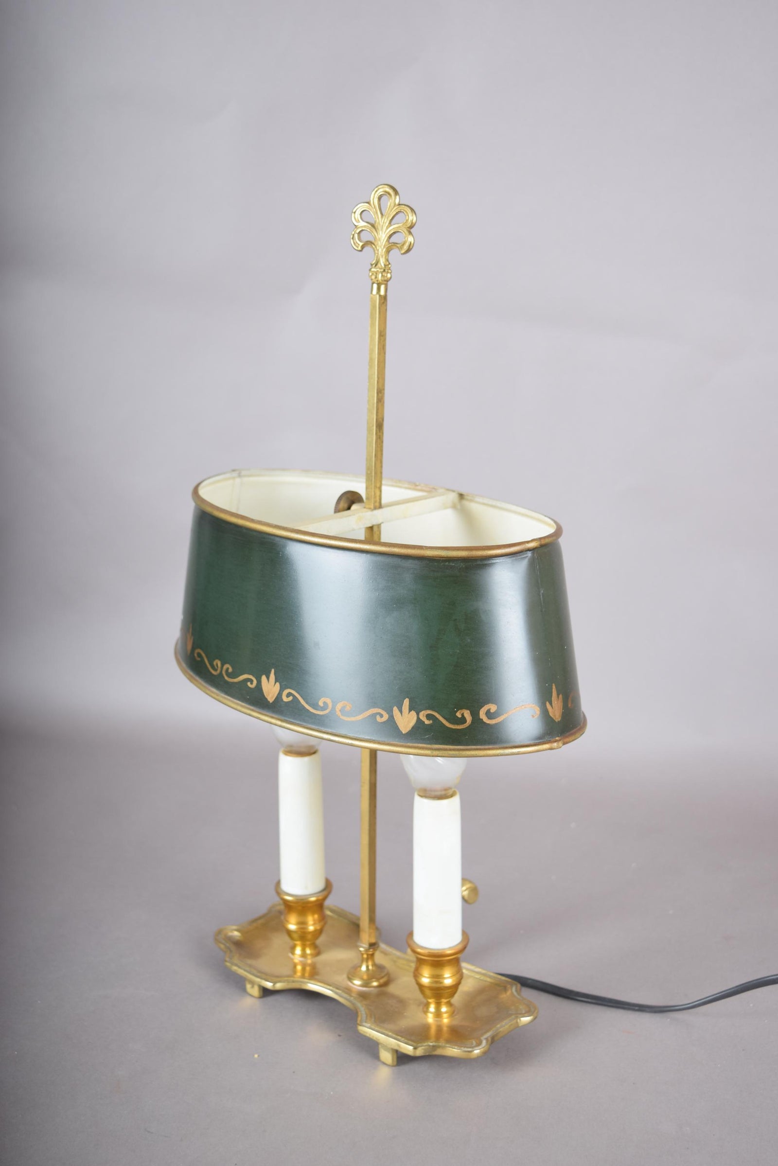Vintage Brass Bouillotte Lamp, Green Tole Shade with Gold Trim, Dual Light, French Style