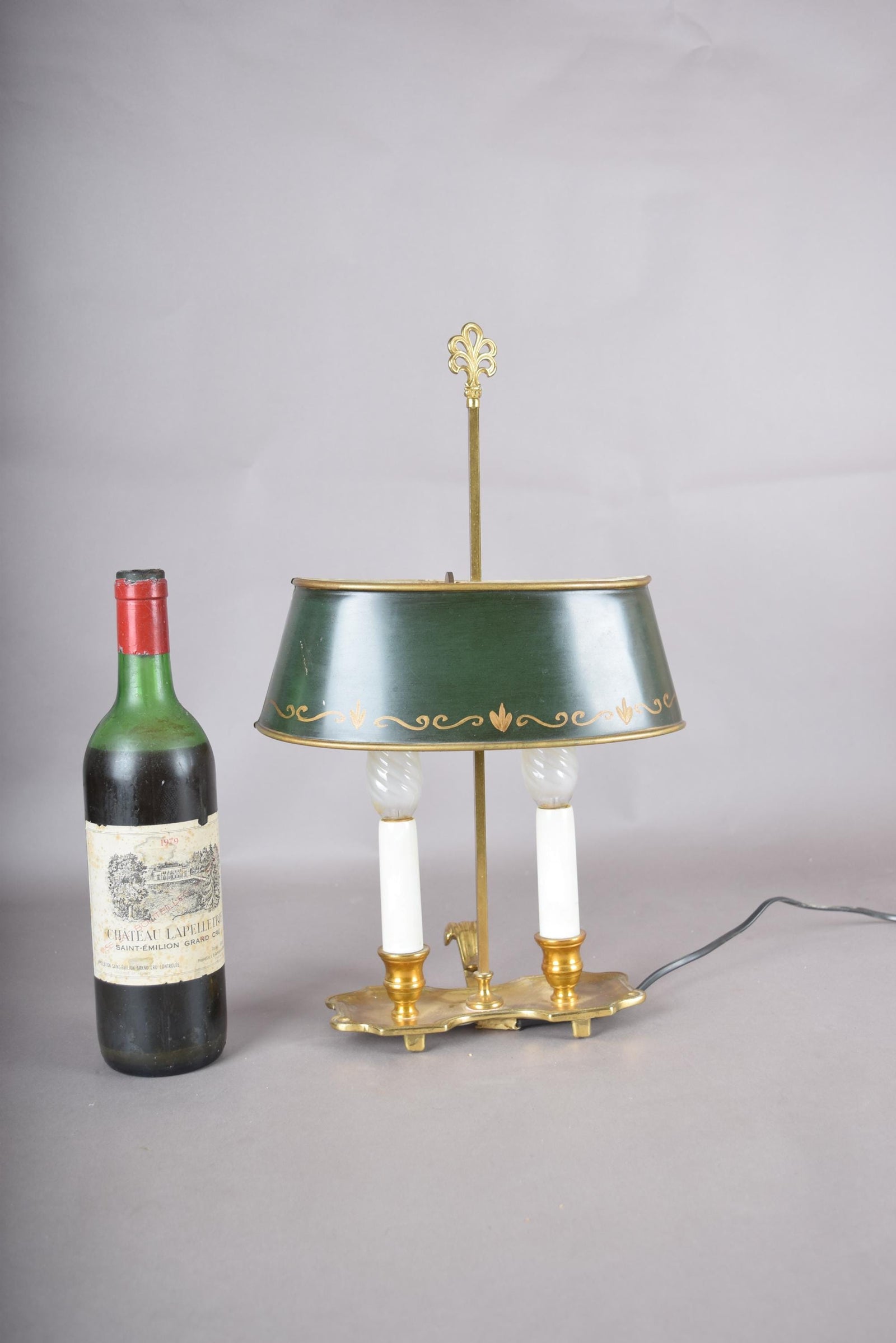 Vintage Brass Bouillotte Lamp, Green Tole Shade with Gold Trim, Dual Light, French Style