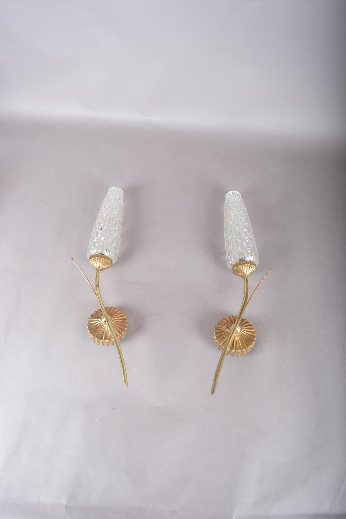 Vintage Gold-Toned Wall Sconces, Textured Glass Shades, Mid-Century Modern, Pair