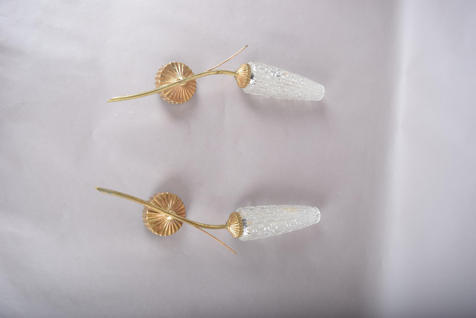 Vintage Gold-Toned Wall Sconces, Textured Glass Shades, Mid-Century Modern, Pair