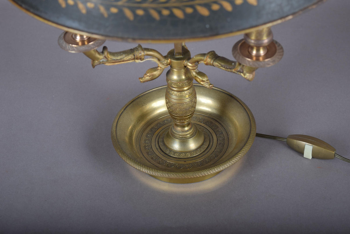 Antique Bronze Bouillotte Lamp, Swan-Head Arms — French Empire Style, Circa 1910s