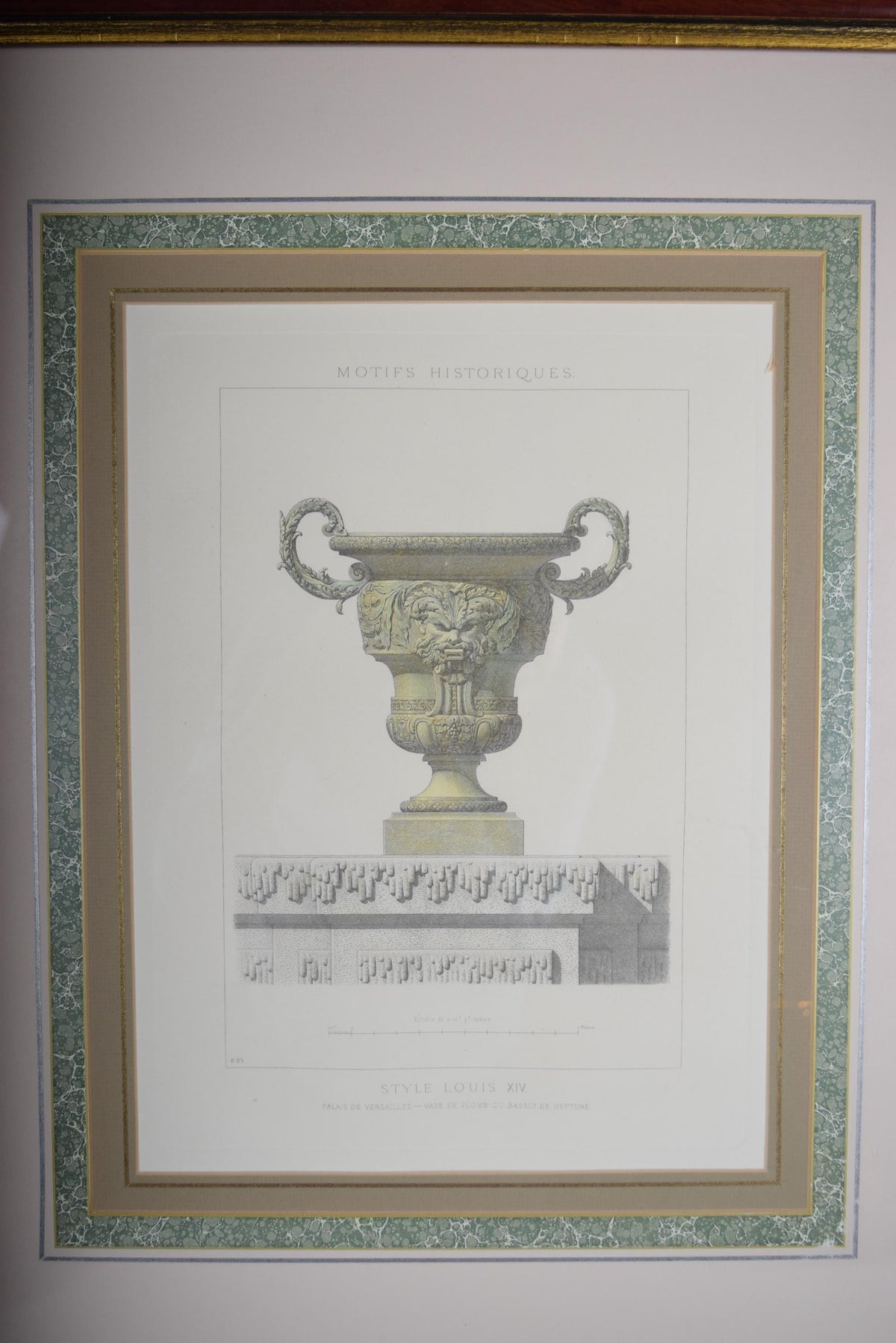 Louis XIV Style Vase Print, Versailles Bassin de Neptune — Framed Vintage Lithograph, 1960s