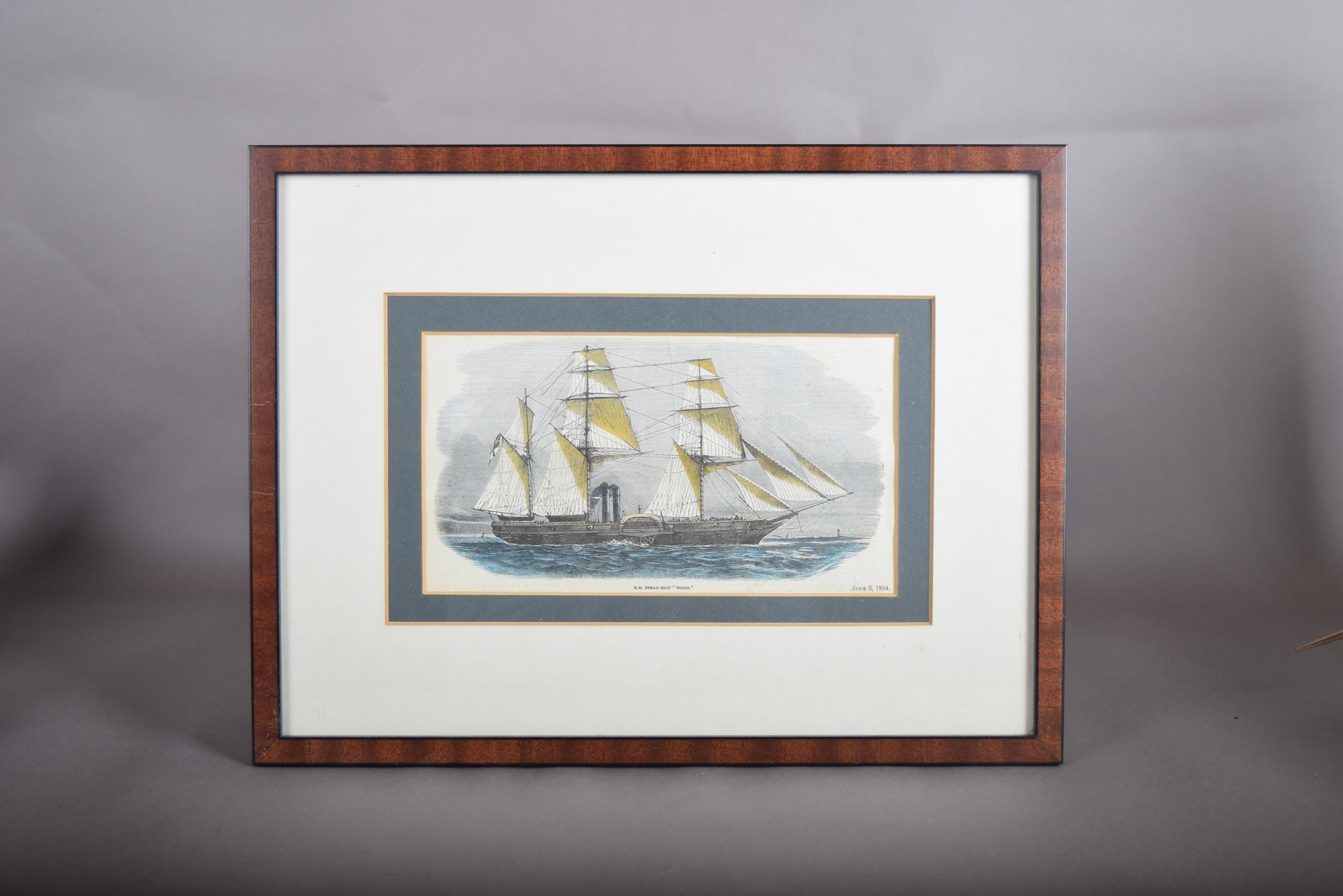 Antique 1854 Lithograph, H.M. Steam-Ship "Tiger," Crimean War Naval Print, Mid-Century Frame