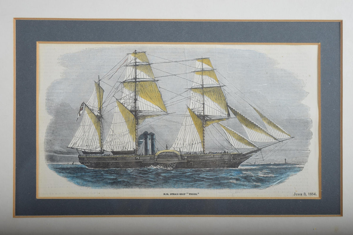 Antique 1854 Lithograph, H.M. Steam-Ship "Tiger," Crimean War Naval Print, Mid-Century Frame