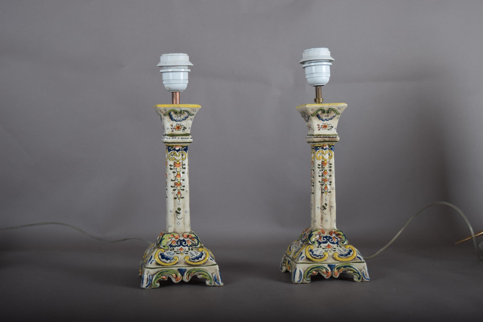 Antique Rouen Faience Ceramic Candlestick Lamp Pair, Hand-Painted Floral — French, Circa 1900
