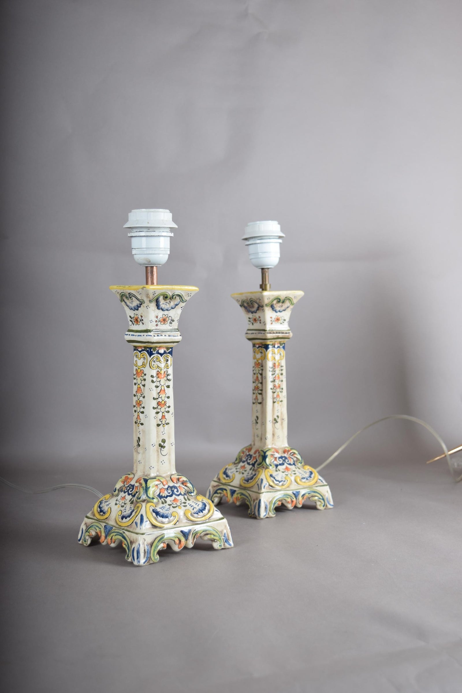 Antique Rouen Faience Ceramic Candlestick Lamp Pair, Hand-Painted Floral — French, Circa 1900