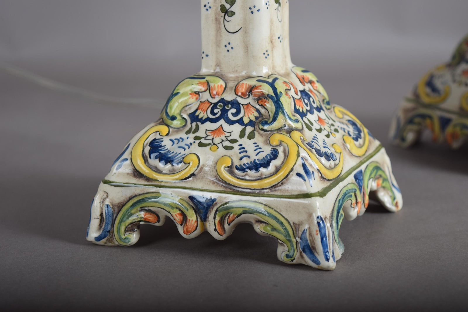 Antique Rouen Faience Ceramic Candlestick Lamp Pair, Hand-Painted Floral — French, Circa 1900