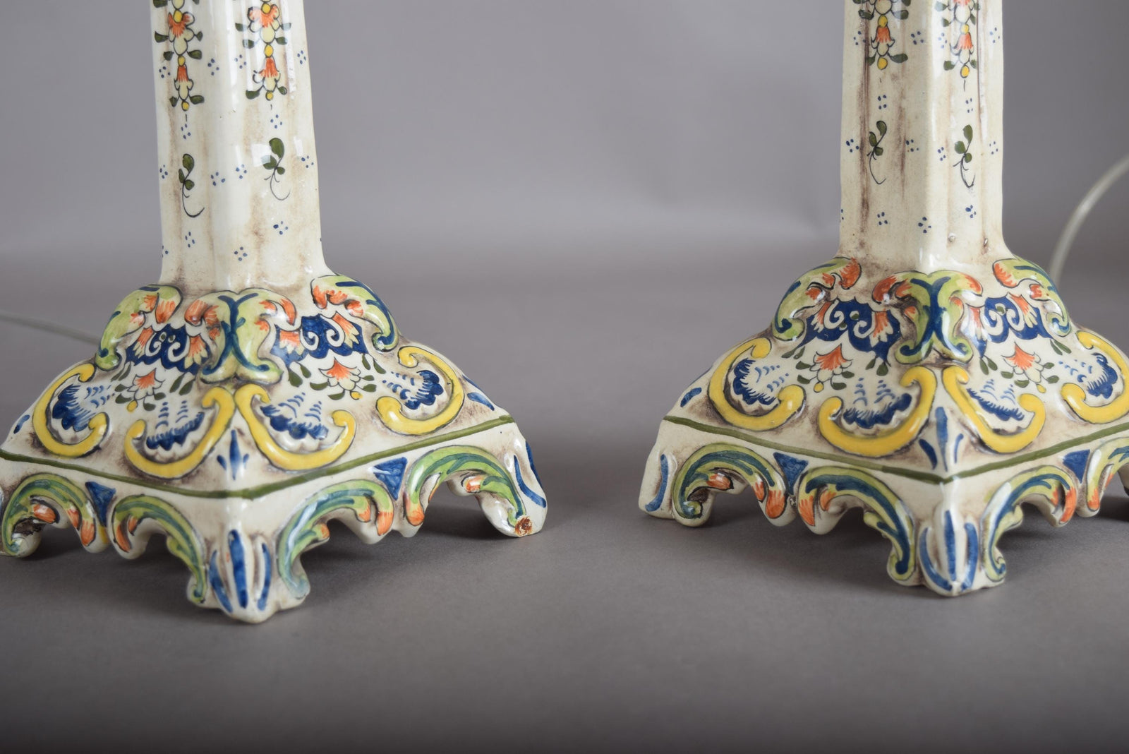 Antique Rouen Faience Ceramic Candlestick Lamp Pair, Hand-Painted Floral — French, Circa 1900