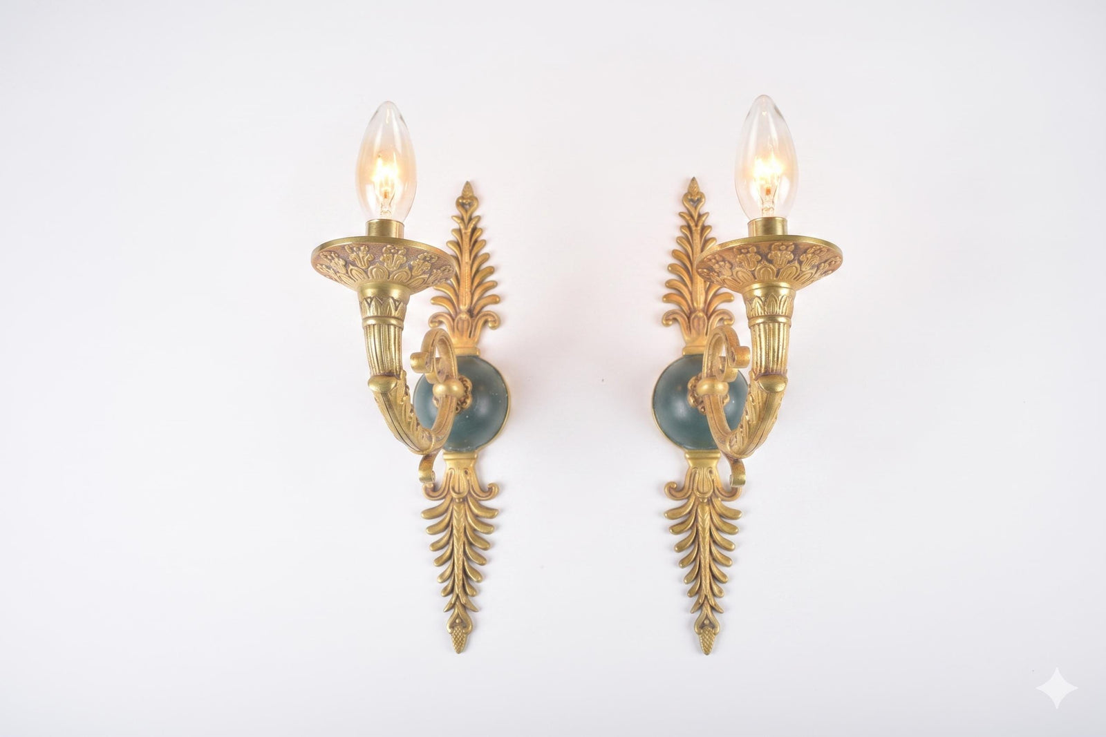 Pair of Vintage Gilded Brass Sconces, French Scroll Arm | Feathered Wall Lights, 1950s | Candle-Style Fixtures