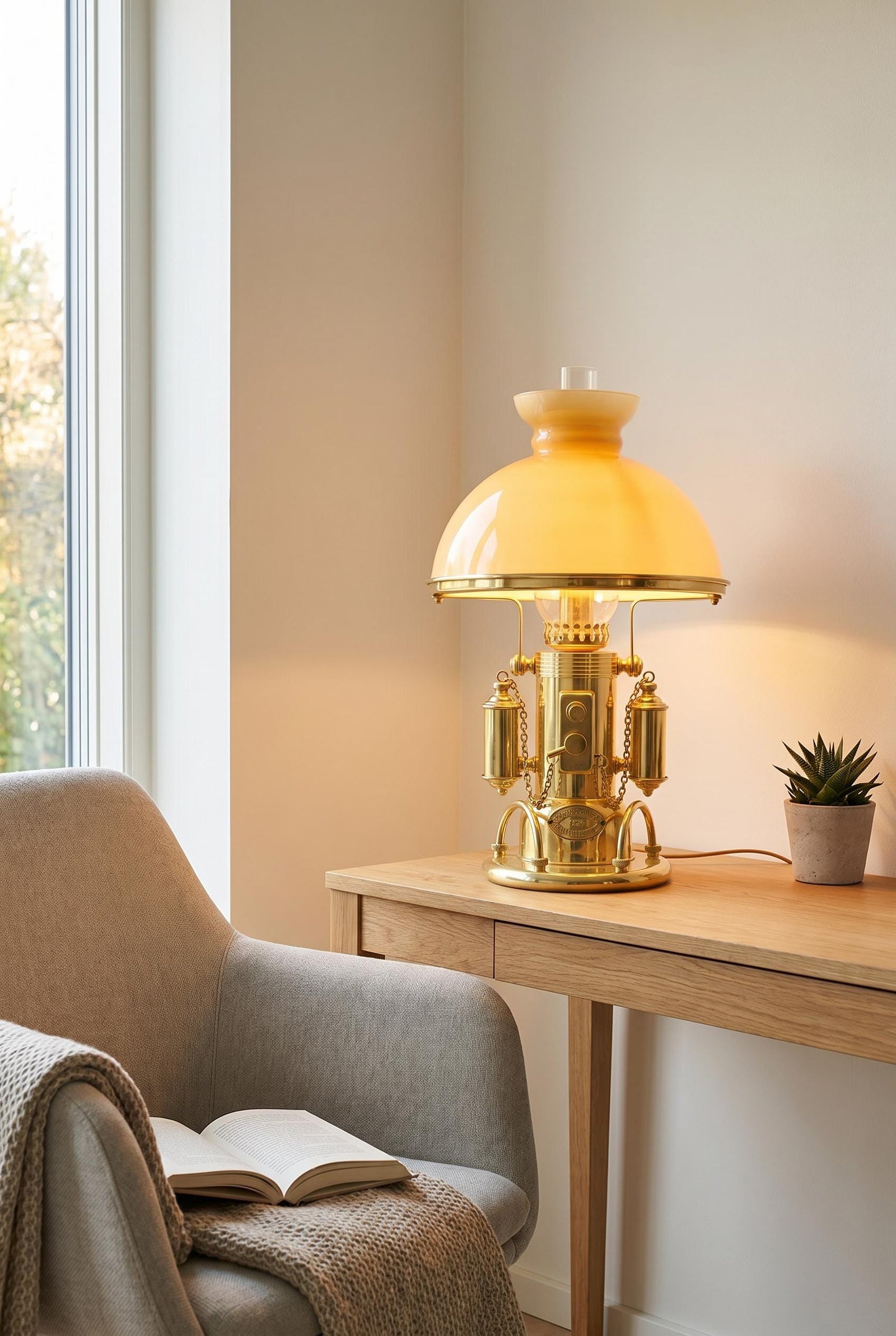 Vintage 1980s Gold-Plated Brass Nautical-Style Table Lamp – "SS Kansas City" Maritime Signal Lamp Design, Glass Dome Shade