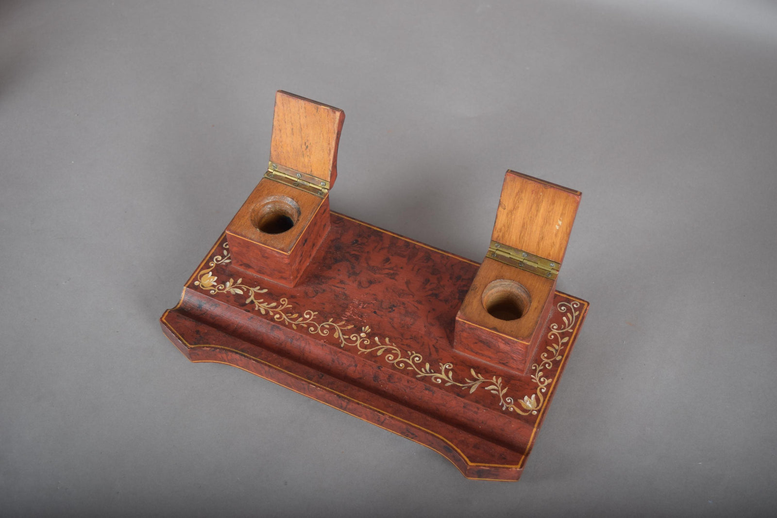 Vintage Hand-Painted Wooden Double Inkwell, Floral Detailing — French Style, 1950s